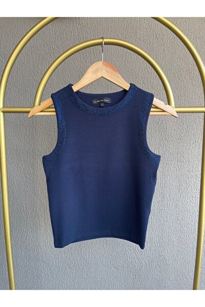 Butik Parlak Taş Detaylı Kolsuz Bisiklet Yaka Body / Bluz