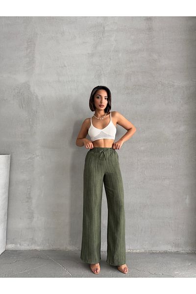 Miss Prova Wide Leg Cord Detailed Linen Blend Trousers Mısspl2636