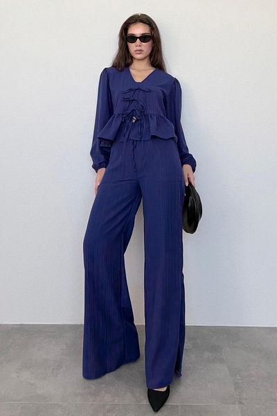 Madmext Navy Blue Front Tie Blouse Pants Set Mg2343