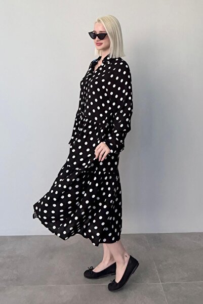 Madmext Siyah Uzun Kollu Düğmeli Desenli Elbise Mg2430