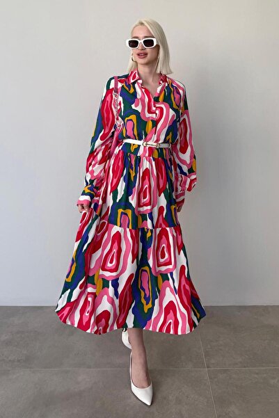 Madmext Pembe Uzun Kollu Düğmeli Desenli Elbise Mg2430