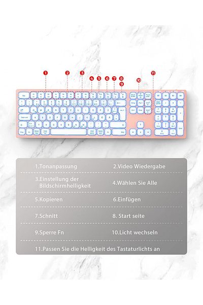 Seenda wireless backlit keyboard, bluetooth, 1600 mAh, pink, 42.6 x 12.1 x 1.2 cm