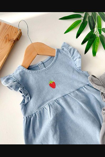 MYZİ STORE Newborn Baby Summer Strawberry Embroidered Denim Baby Rompers with Ruffled Sleeves