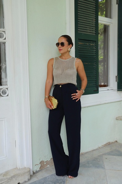 Purple by Banu Gold Düğme Detay Palazzo Pantolon