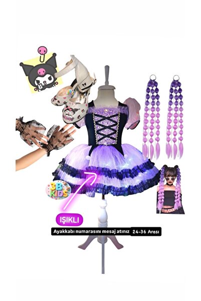 3b kids kuromi ışıklıkostüm saçeldiventopuklu ayakkabıseti(ayakkabı numarasını mesaj yazınız 26-36 arasıdır)
