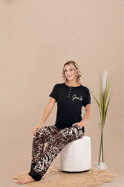 Lady Lingerie Set pijamale pentru femei cu guler cu nasturi, maneci scurte, imprimeu leopard