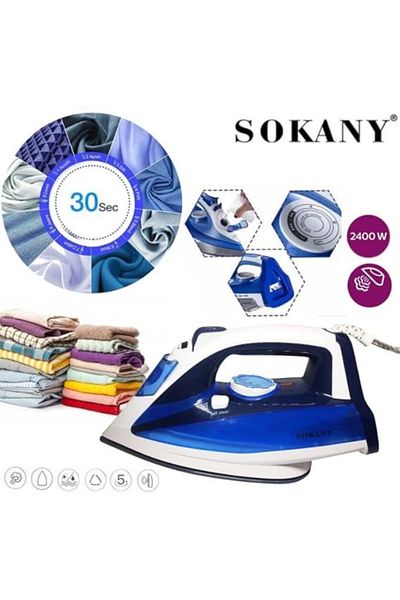 SOKANY 2400W Steam Iron – Ceramic Base, Temperature Control, Blue & White Design