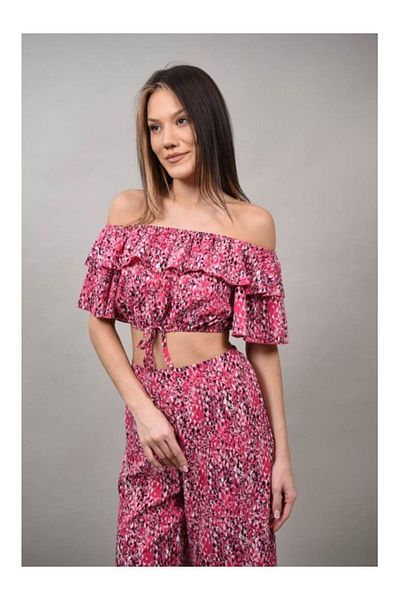 sweet girl SERAFINO ANIMAL PRINT RUFFLE CROP TOP TROUSER SET Pink L-XL