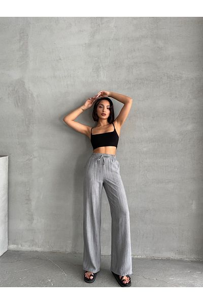 Miss Prova Wide Leg Cord Detailed Linen Blend Trousers Mısspl2636