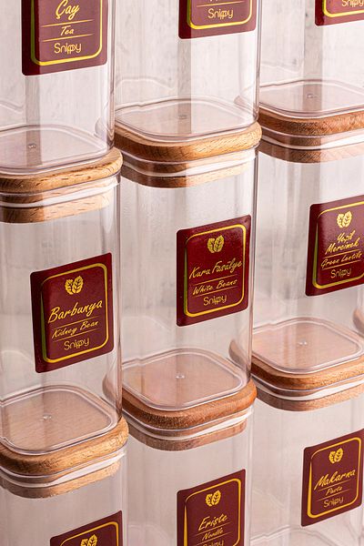 Snippy Boxy - Set of 12 Wooden Vacuum Lids and Labeled Spice Jars 350 ml - Food Storage Container Set