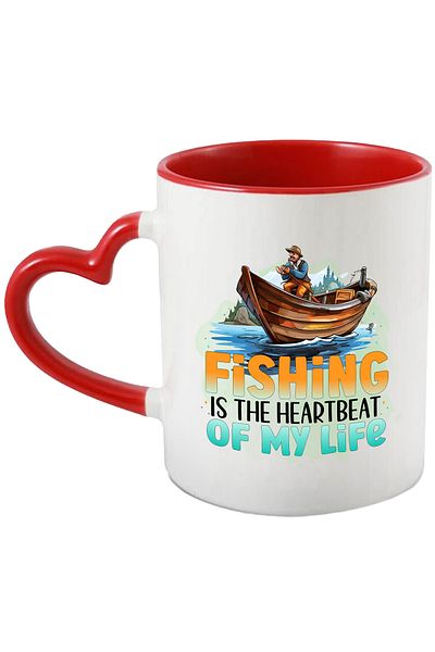 StoryGift Romania Mug with fisherman in boat with the message "Fishing is the heartbeat of my life", illustr., With ,STG.