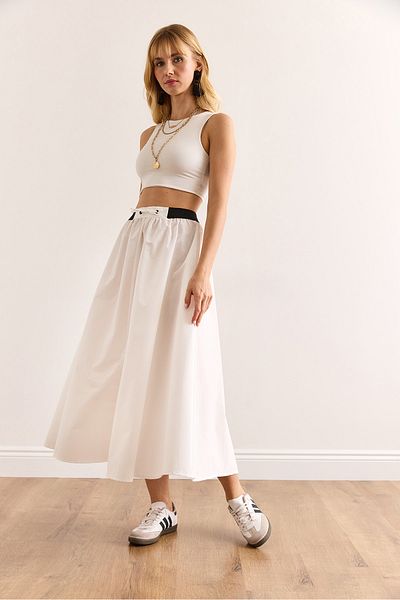 Olalook Women's White Black Banded Front Slit Lace up Midi Bell Skirt Etk-19000321