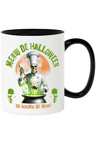 StoryGift Romania h4ALLoween skeleton chef menu mug, 330ml, Ceramic with Black Handle, With ,STG.