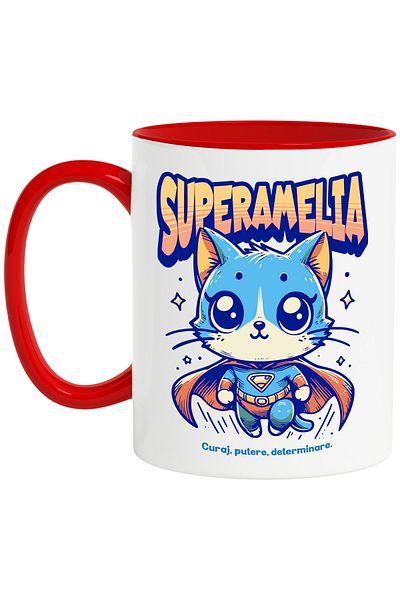 StoryGift Romania Super Amelia Mug, Superhero, Flying Cat, 330ml, Ceramic with Red Handle, With Handle, STG.