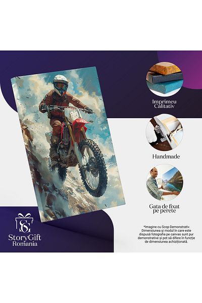 StoryGift Romania Canvas Print Male Motorcyclist in Red Suit with Helmet on Head on a Rock with Slippery Snow