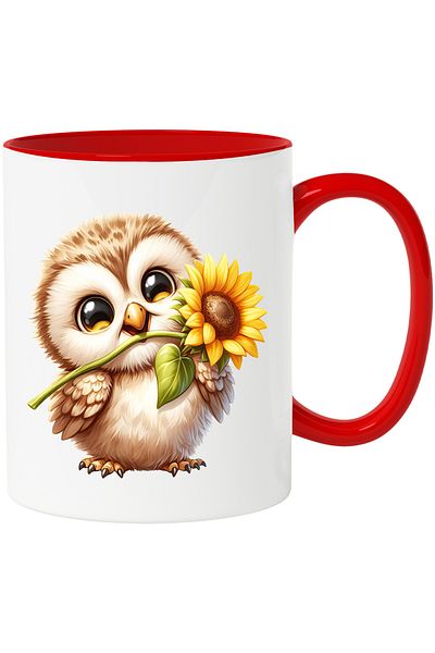 StoryGift Romania Mug with a little owl holding a flower | illustration | sunflower | bye, With, STG.