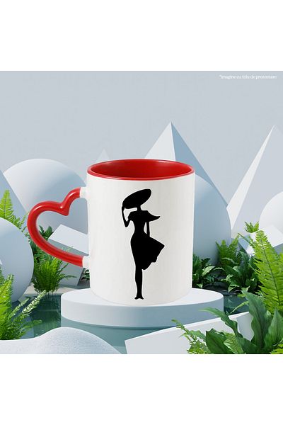 StoryGift Romania Mug with a woman in a dress and hat - elegant fashion with Red Heart Handle, With Handle, STG