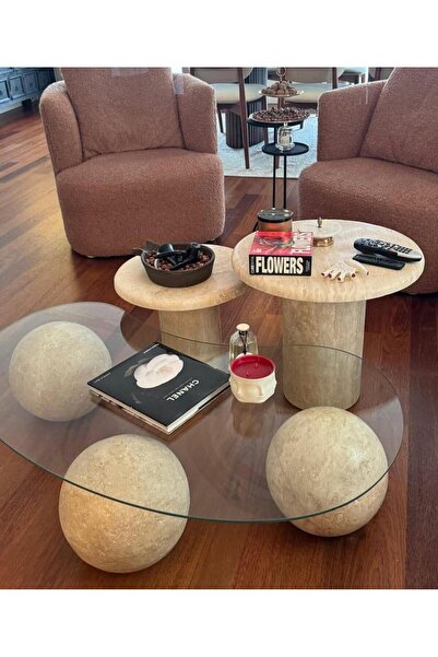 Sümeyra Marble Art Trio -traverten Top Orta Sehpa