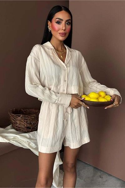RICHMOST Women's Skirt Blouse Set with Apaş Collar and Button Detailing and Lacing Waist Viscose Fabric (2 Pieces) Ecru-Beige