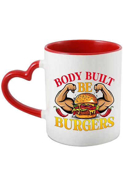 StoryGift Romania Mug with a hamburger with muscles with the message "Body built, be burgers", peppers, meat, With ,STG.