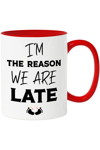 StoryGift Romania Mug with the text "I am the reason I am late" - baby with Red Handle, With ,STG.