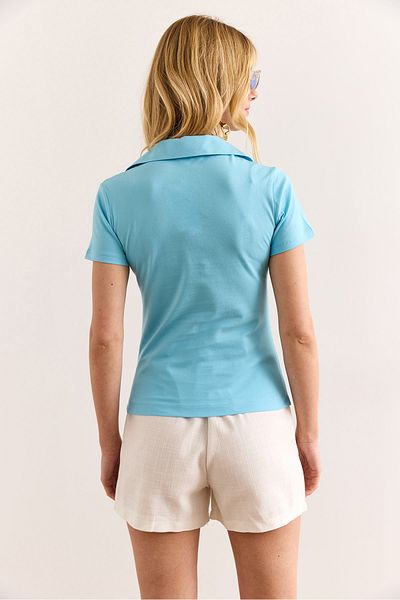 Olalook Women's Baby Blue Polo Neck Zippered T-Shirt Tsh-19000907