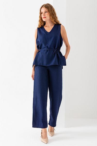 GİYSA Women's Side Tie Detailed Elastic Waist Double Suit Navy Blue - 25799