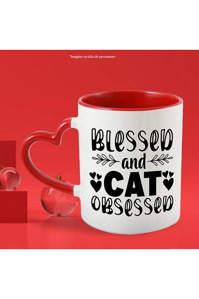 StoryGift Romania Mug with hearts for cat lovers and message in English "Blessed and ca, Cu,STG.