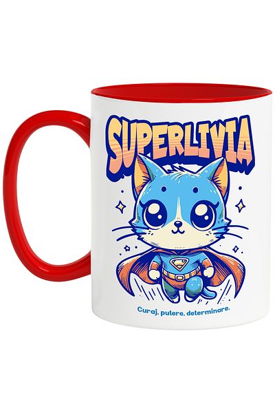 StoryGift Romania Super Livia Mug, Superhero, Flying Cat, 330ml, Ceramic with Red Handle, With R Handle, STG.