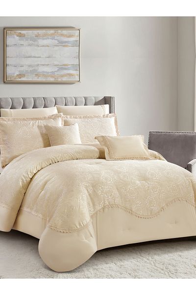 Donetella Premium King Comforter Set 8-Pcs, Jacquard Bedding with 350 GSM Poly Silk Filling