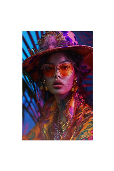 StoryGift Romania Tablou Canvas Cool Lady Cu Tatuaje Pe Gat Si Pistrui Pe Chip Cu Ochelari Si Palarie Colorata I
