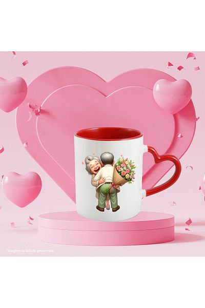 StoryGift Romania Mug with a grandma and a grandpa | joy | hugging | received a bouquet, With,STG