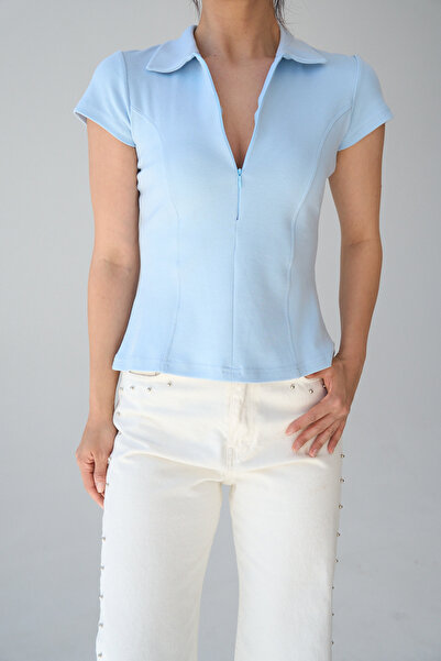 LOOSH Kadın Mavi Önü Fermuarlı Bluz