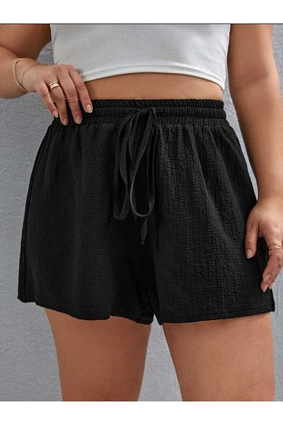 FAVORİST Women's Shorts Wrinkled Fabric Black Color Laced
