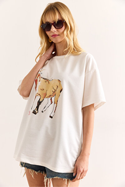 Olalook Γυναικείο μπλουζάκι με στάμπα λευκής κατσίκας Relaxed 2 κλωστών TSH-19000910