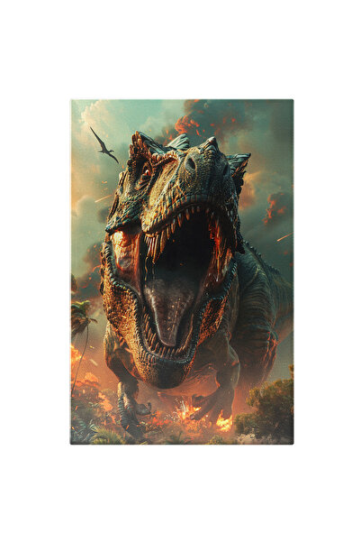 StoryGift Romania Tablou Canvas Marele Dinozaur Cu Dintii Ascutiti Si Ochii Rosii Inspaimantator Cu Foc Imprejur
