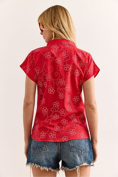 Olalook Women's Ivy Red Patterned Linen Bat Shirt Gml-19001129