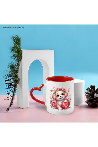 StoryGift Romania Mug with a cheerful puppy holding a heart with the message "Be my Valentine" | illustr., With ,STG.
