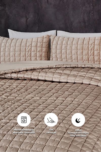 Evlen Home Collection Beige Velvet Bedspread - Double, Fiber Filled, Stacy 3-Piece Sleeping Set
