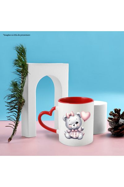 StoryGift Romania Mug with a teddy bear in a dress | illustration | holding a heart-shaped balloon, With ,STG.