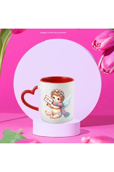 StoryGift Romania Mug with a baby Cupid | illustration | flower crown | heart | wings | la, Cu,STG.