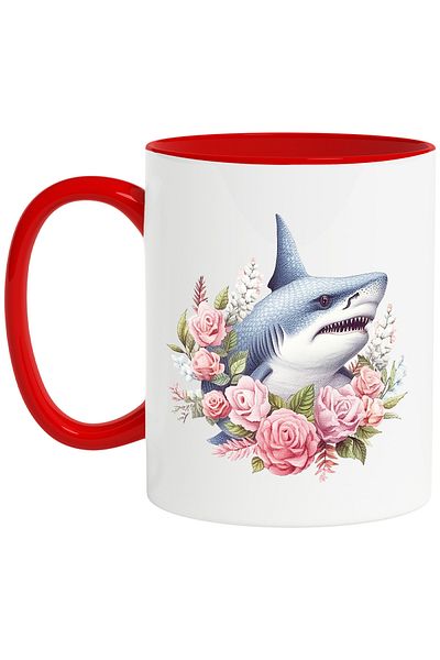 StoryGift Romania Mug with an angry shark | illustration | roses | flowers | plants | leaves | n, Cu ,STG .