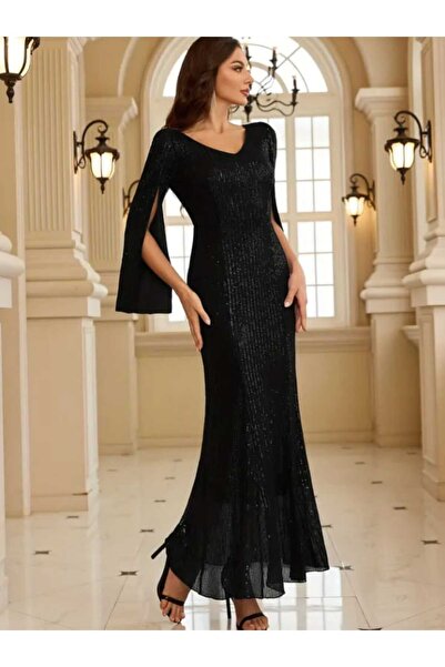 MODAS UZUN KOLL V YAKA PULL PAYETLİ ABİYE ELBİSESİ