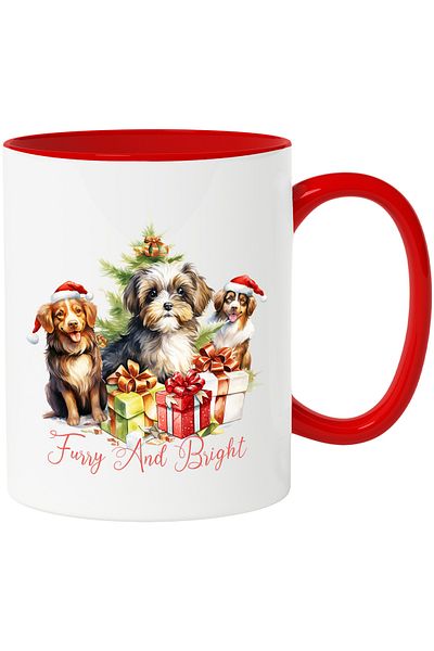 StoryGift Romania Mug with puppies with the message "Furry and Bright", Merry Christmas, illustration, and, With ,STG.