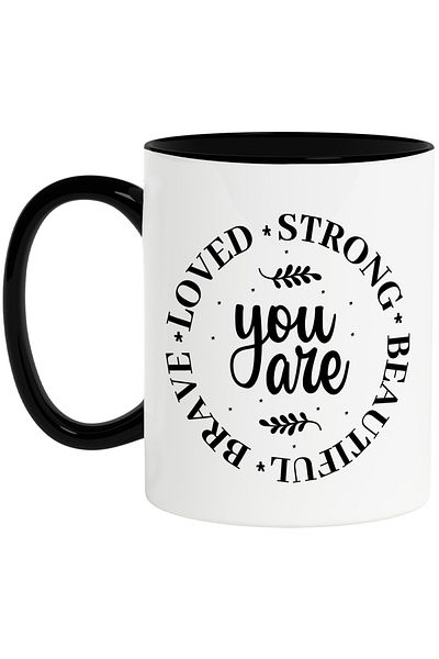 StoryGift Romania Mug with the message "You are loved, strong, beautiful, brave" with Black Handle, With M,STG.