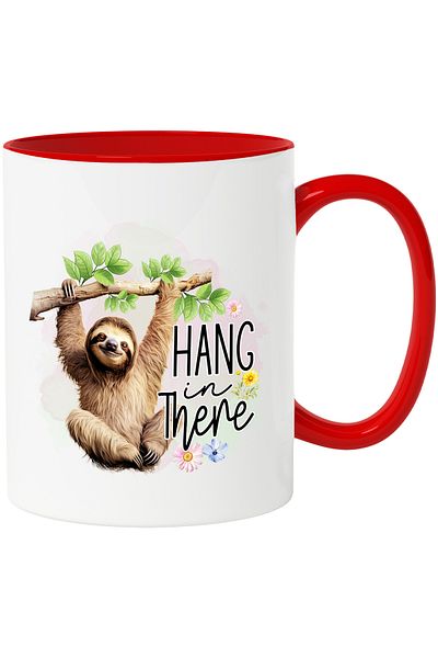 StoryGift Romania Mug with a sloth hanging from a branch with the message "Hang in there", za, Cu,STG.