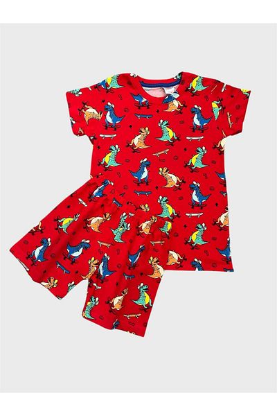 elmas kids Boy's 100% Cotton Red Dinosaur Patterned Short Sleeve Shorts Summer Pajama Set