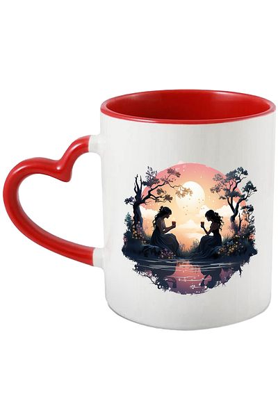 StoryGift Romania Mug with 2 women, illustration, trees, nature, water, sunset, flowers, landscape, dresses with, With, STG.