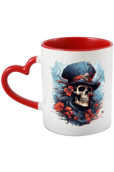 StoryGift Romania Mug with a skull with a hat, illustration, red flowers, hair, abstract with Mane, With ,STG