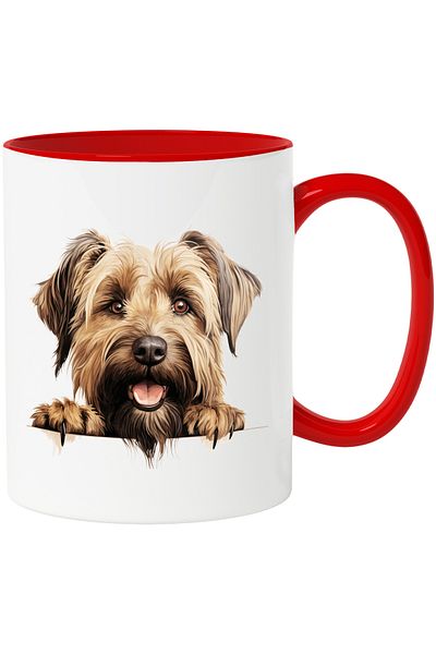 StoryGift Romania Mug with a cheerful puppy | illustration | light brown | sitting on the fence | looking away, With ,STG.